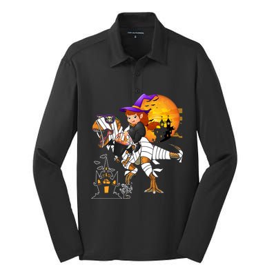 Halloween Witch Riding Mummy TRex Matching TRex Lover Gift Silk Touch Performance Long Sleeve Polo