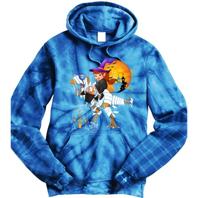 Halloween Witch Riding Mummy TRex Matching TRex Lover Gift Tie Dye Hoodie