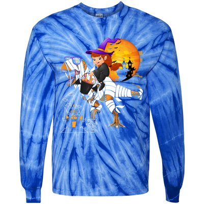 Halloween Witch Riding Mummy TRex Matching TRex Lover Gift Tie-Dye Long Sleeve Shirt