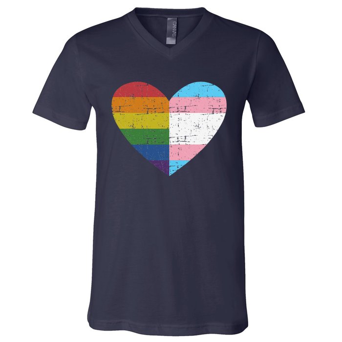 Heart With Rainbow And Transg Flag For Pride Month V-Neck T-Shirt