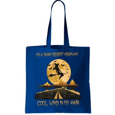 Halloween Witch Riding Brooms On A Dark Desert Highways Road Tote Bag