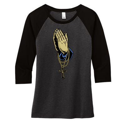 Hand With Rosary Praying Cross Women's Tri-Blend 3/4-Sleeve Raglan Shirt