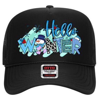 Hello Winter Snowman Christmas Snowflake Gift High Crown Mesh Back Trucker Hat