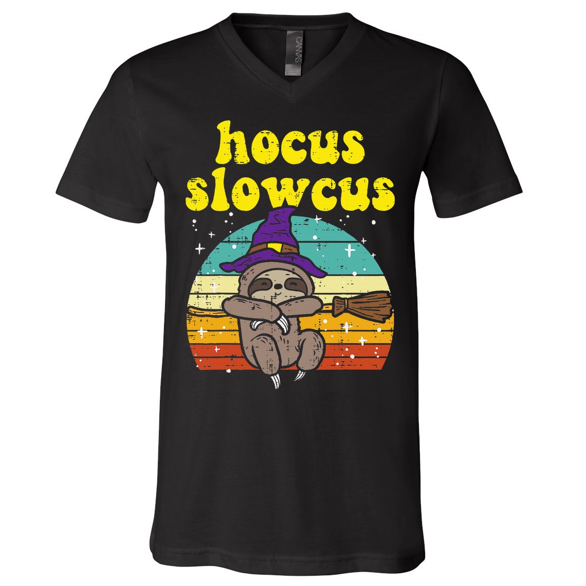 Halloween Witch Sloth Retro Animal Print Adorable and Magical V-Neck T-Shirt