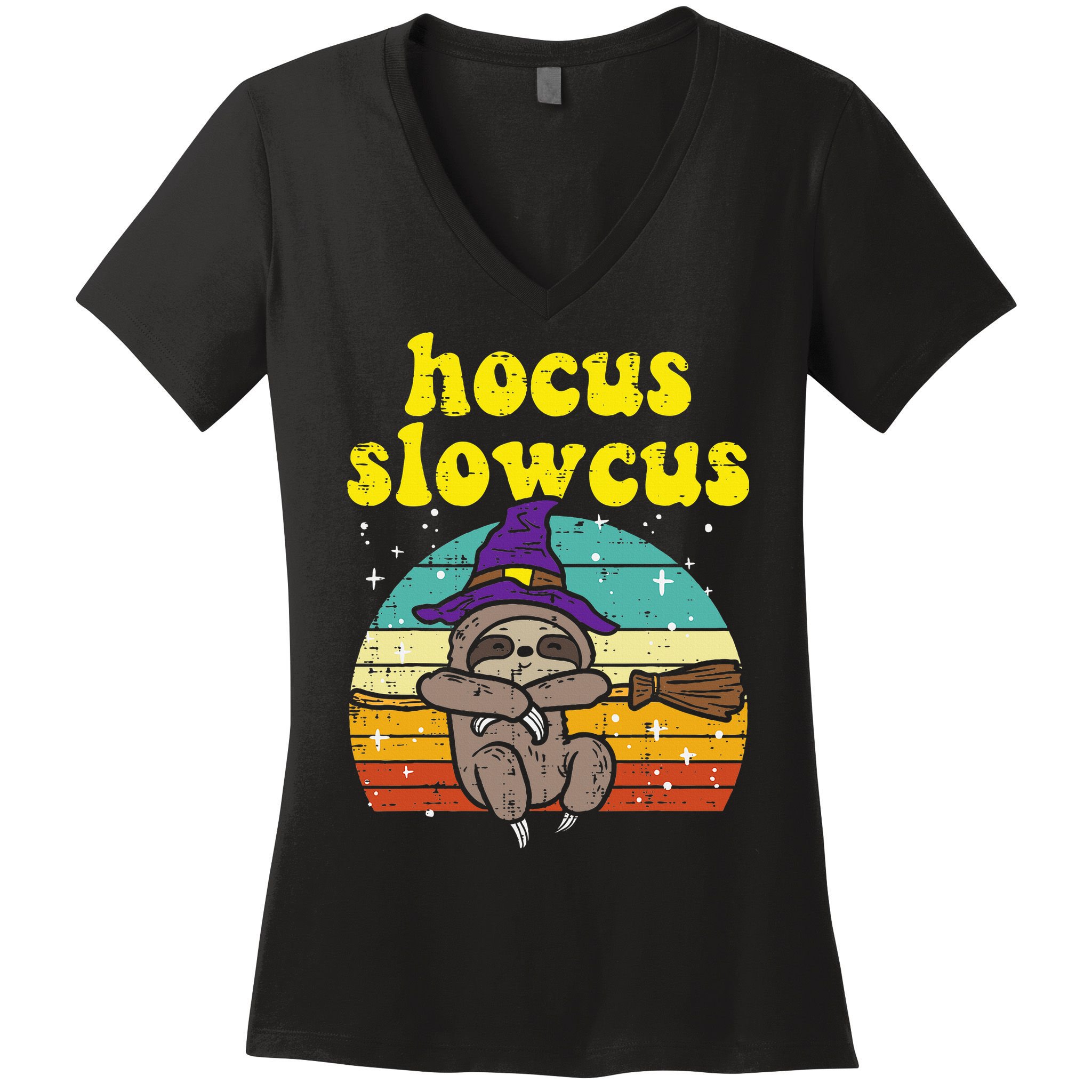 Halloween Witch Sloth Retro Animal Print Adorable and Magical Women's V-Neck T-Shirt