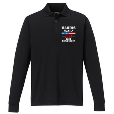 Harris Walz Save Democracy Performance Long Sleeve Polo