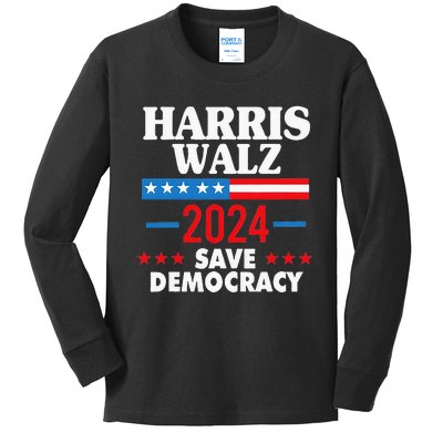 Harris Walz Save Democracy Kids Long Sleeve Shirt