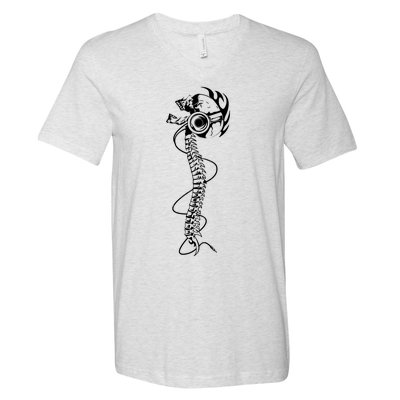 Headphone Wearing Skull Spine V-Neck T-Shirt