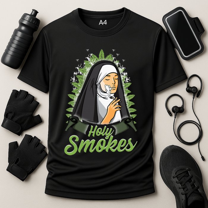 Holy Weed Smokes Funny Nun Cooling Performance Crew T-Shirt
