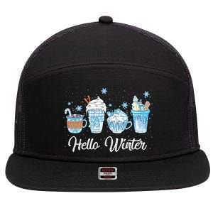 Hello Winter Sweet Cozy Coffee Lovers Snowman Christmas 7 Panel Mesh Trucker Snapback Hat