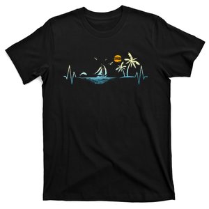 Heartbeat With Sailboat Tropical Palm Trees Beach Island T-Shirt