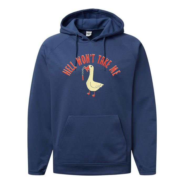 Hell Wont Take Me Funny Duck Performance Fleece Hoodie