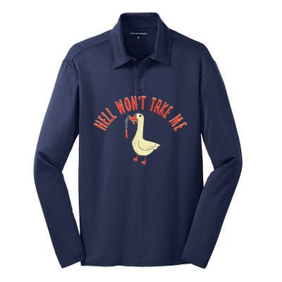 Hell Wont Take Me Funny Duck Silk Touch Performance Long Sleeve Polo