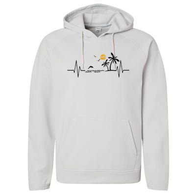 Heartbeat With Tropical Palm Trees Beach Island And Dolphin Performance Fleece Hoodie