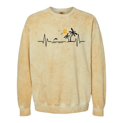 Heartbeat With Tropical Palm Trees Beach Island And Dolphin Colorblast Crewneck Sweatshirt