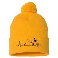 Heartbeat With Tropical Palm Trees Beach Island And Dolphin Pom Pom 12in Knit Beanie