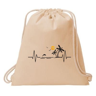 Heartbeat With Tropical Palm Trees Beach Island And Dolphin Drawstring Bag