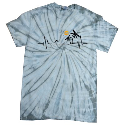 Heartbeat With Tropical Palm Trees Beach Island And Dolphin Tie-Dye T-Shirt