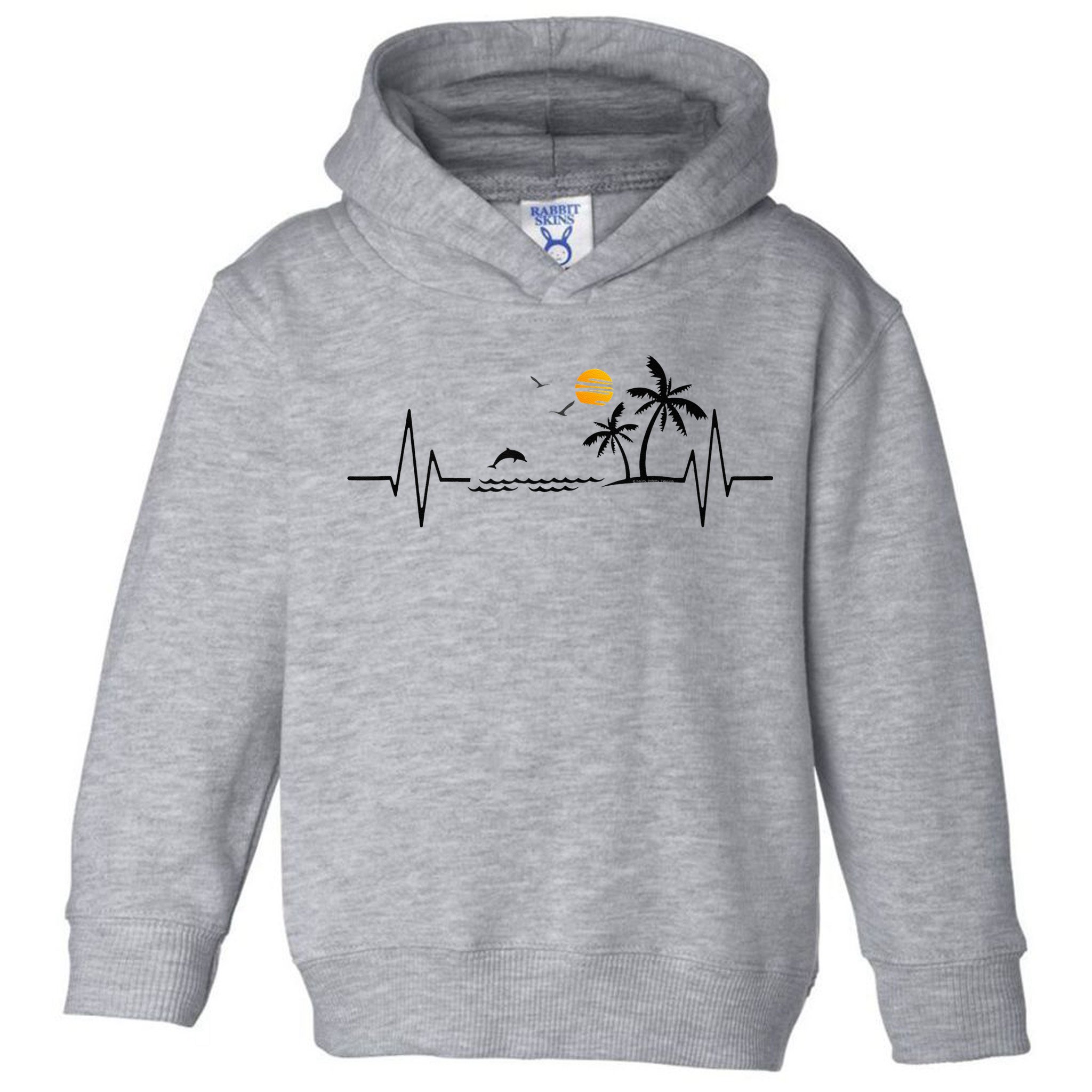 Heartbeat With Tropical Palm Trees Beach Island And Dolphin Toddler Hoodie
