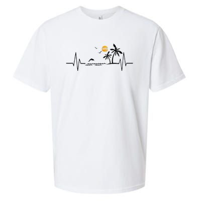 Heartbeat With Tropical Palm Trees Beach Island And Dolphin Sueded Cloud Jersey T-Shirt