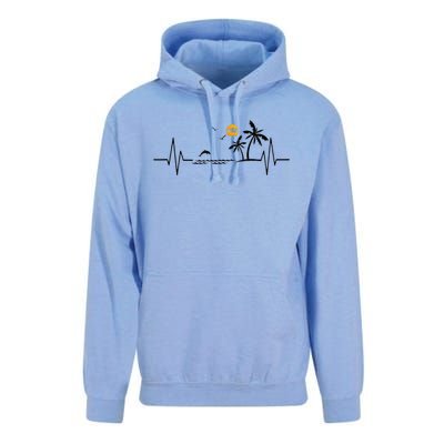 Heartbeat With Tropical Palm Trees Beach Island And Dolphin Unisex Surf Hoodie