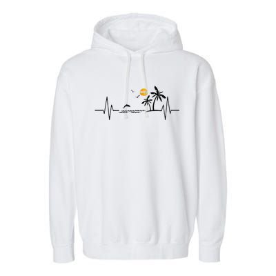 Heartbeat With Tropical Palm Trees Beach Island And Dolphin Garment-Dyed Fleece Hoodie