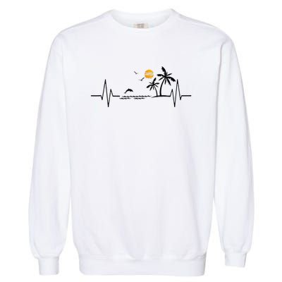 Heartbeat With Tropical Palm Trees Beach Island And Dolphin Garment-Dyed Sweatshirt