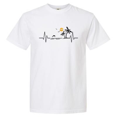 Heartbeat With Tropical Palm Trees Beach Island And Dolphin Garment-Dyed Heavyweight T-Shirt