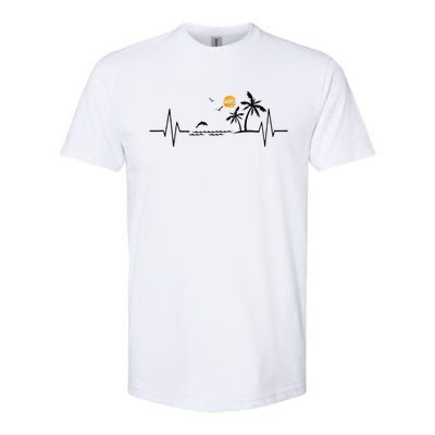 Heartbeat With Tropical Palm Trees Beach Island And Dolphin Softstyle CVC T-Shirt