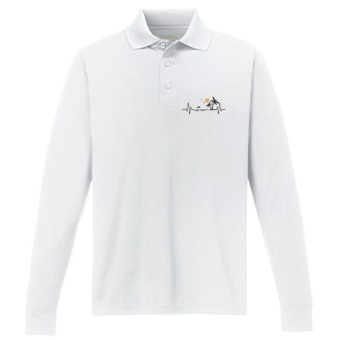 Heartbeat With Tropical Palm Trees Beach Island And Dolphin Performance Long Sleeve Polo