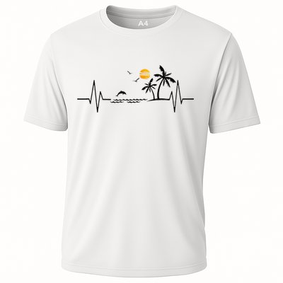 Heartbeat With Tropical Palm Trees Beach Island And Dolphin Cooling Performance Crew T-Shirt