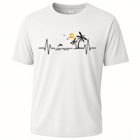 Heartbeat With Tropical Palm Trees Beach Island And Dolphin Cooling Performance Crew T-Shirt