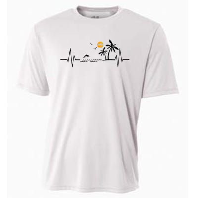 Heartbeat With Tropical Palm Trees Beach Island And Dolphin Cooling Performance Crew T-Shirt