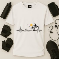 Heartbeat With Tropical Palm Trees Beach Island And Dolphin Cooling Performance Crew T-Shirt
