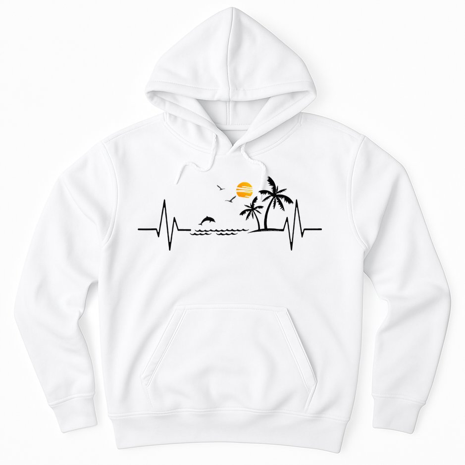 Heartbeat With Tropical Palm Trees Beach Island And Dolphin Hoodie