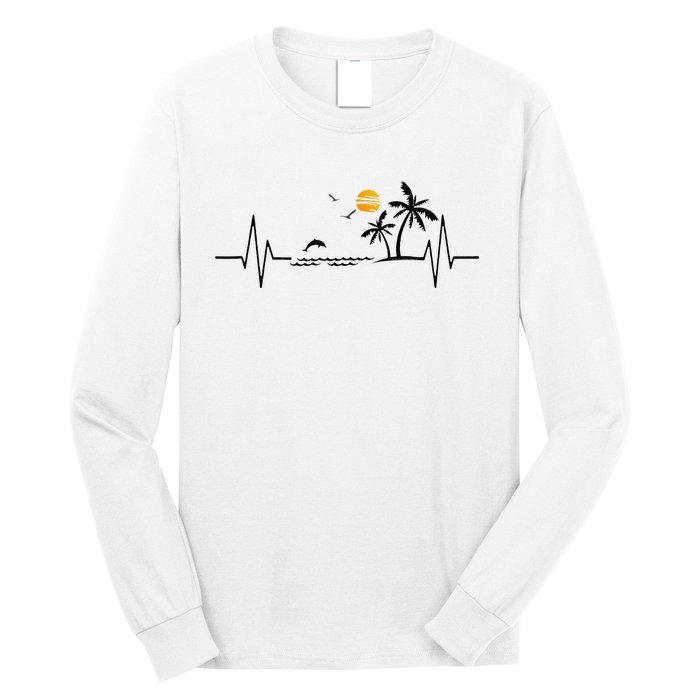 Heartbeat With Tropical Palm Trees Beach Island And Dolphin Long Sleeve Shirt