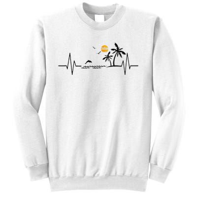 Heartbeat With Tropical Palm Trees Beach Island And Dolphin Sweatshirt