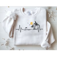 Heartbeat With Tropical Palm Trees Beach Island And Dolphin Sweatshirt