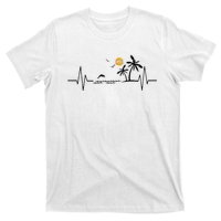 Heartbeat With Tropical Palm Trees Beach Island And Dolphin T-Shirt