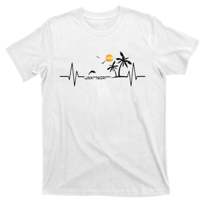 Heartbeat With Tropical Palm Trees Beach Island And Dolphin T-Shirt