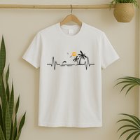 Heartbeat With Tropical Palm Trees Beach Island And Dolphin T-Shirt