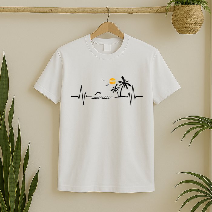 Heartbeat With Tropical Palm Trees Beach Island And Dolphin T-Shirt