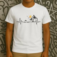 Heartbeat With Tropical Palm Trees Beach Island And Dolphin T-Shirt
