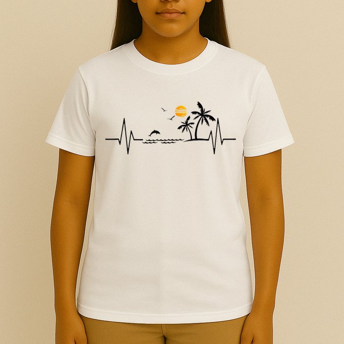 Heartbeat With Tropical Palm Trees Beach Island And Dolphin T-Shirt