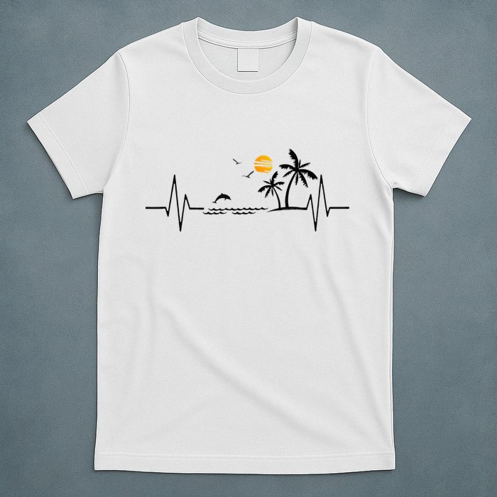 Heartbeat With Tropical Palm Trees Beach Island And Dolphin T-Shirt