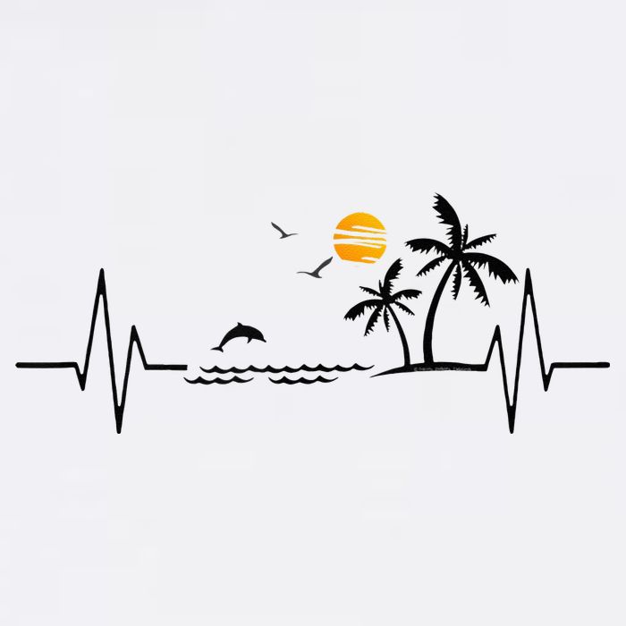 Heartbeat With Tropical Palm Trees Beach Island And Dolphin T-Shirt