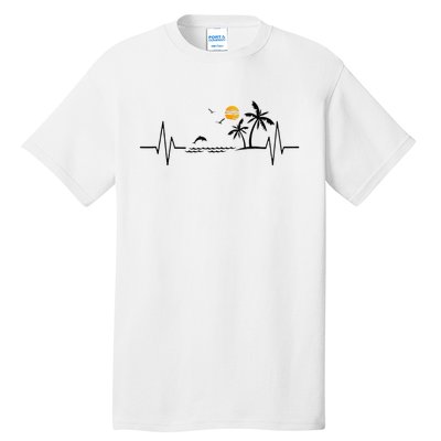 Heartbeat With Tropical Palm Trees Beach Island And Dolphin Tall T-Shirt