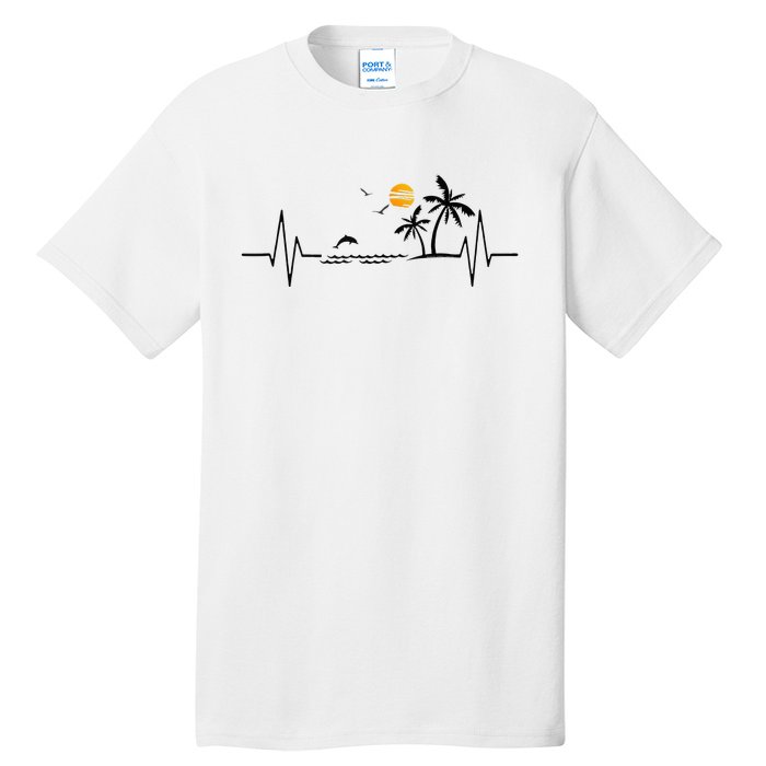 Heartbeat With Tropical Palm Trees Beach Island And Dolphin Tall T-Shirt