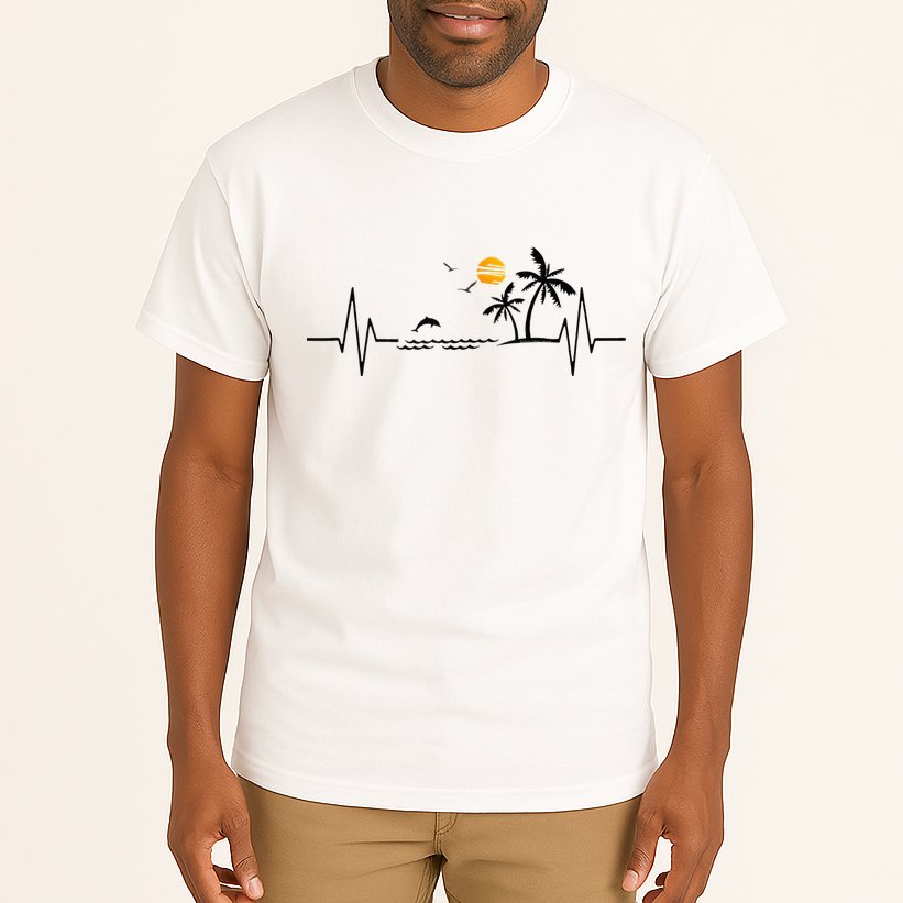 Heartbeat With Tropical Palm Trees Beach Island And Dolphin Tall T-Shirt