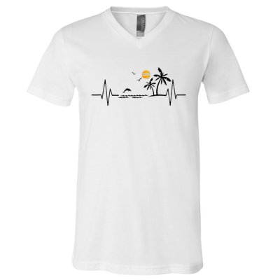 Heartbeat With Tropical Palm Trees Beach Island And Dolphin V-Neck T-Shirt